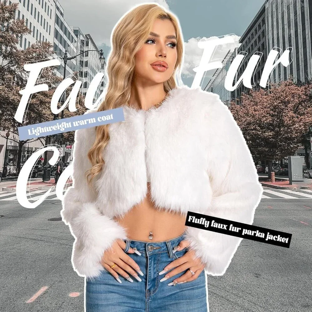 〽️Women's White WELLATENT Plus Cropped Faux Fur Fluffy Fuzzy Fall Jacket - Picture 2 of 6